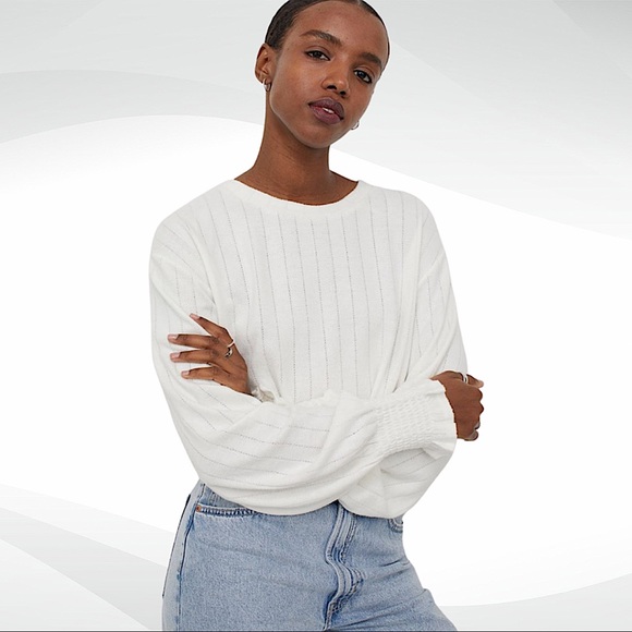 H&M Tops - H&M Frill Trim Long Sleeve Top, Off-White, Size L